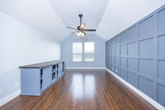 2111 Rains County Rd, Forney, TX 75126 - unfurnished living room featuring ceiling fan, vaulted ceiling, and dark wood finished floors