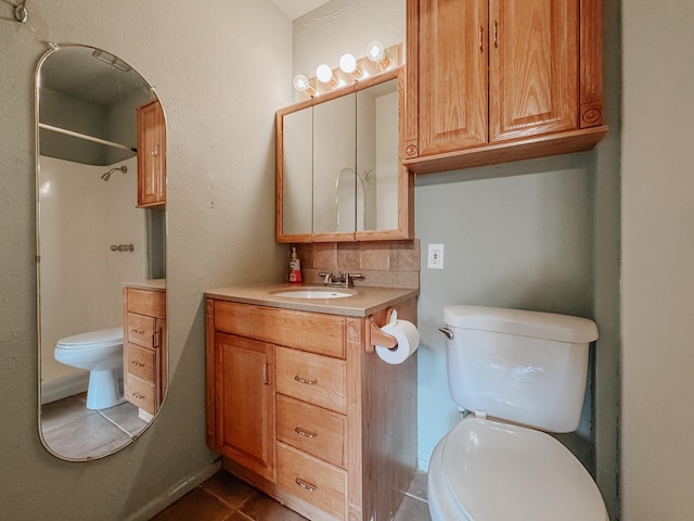220 Hampton Ave, Corsicana, TX 75110 - full bathroom featuring vanity, a shower, tile patterned floors, and tasteful backsplash