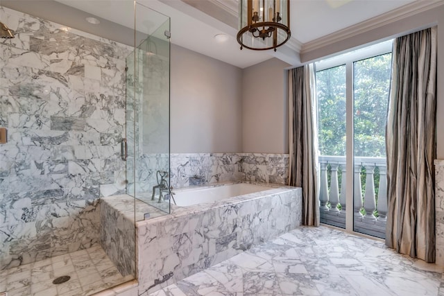 3505 Turtle Creek Blvd Unit 2A, Dallas, TX 75219 - bathroom featuring a marble finish shower, a garden tub, a chandelier, crown molding, and recessed lighting