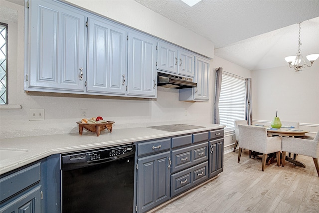 5307 Oak Branch Dr, Arlington, TX 76016 - kitchen featuring black appliances, under cabinet range hood, a chandelier, lofted ceiling, and light wood-type flooring
