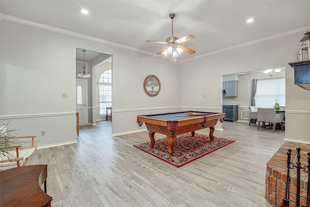 5307 Oak Branch Dr, Arlington, TX 76016 - rec room featuring billiards table, plenty of natural light, light wood-type flooring, a chandelier, and crown molding