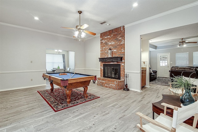 5307 Oak Branch Dr, Arlington, TX 76016 - rec room featuring ceiling fan, crown molding, billiards, light wood-style flooring, and healthy amount of natural light
