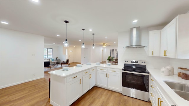 1608 Holt St, Fort Worth, TX 76103 - kitchen featuring stainless steel electric range, wall chimney range hood, a peninsula, recessed lighting, and white cabinets