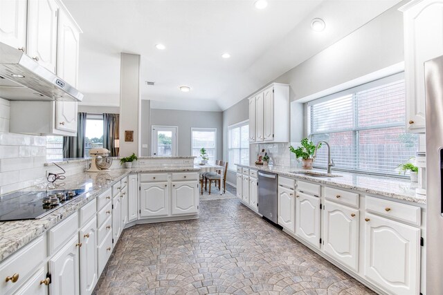 400 Patricia Ln, Highland Village, TX 75077 - kitchen with dishwasher, under cabinet range hood, a peninsula, plenty of natural light, and recessed lighting