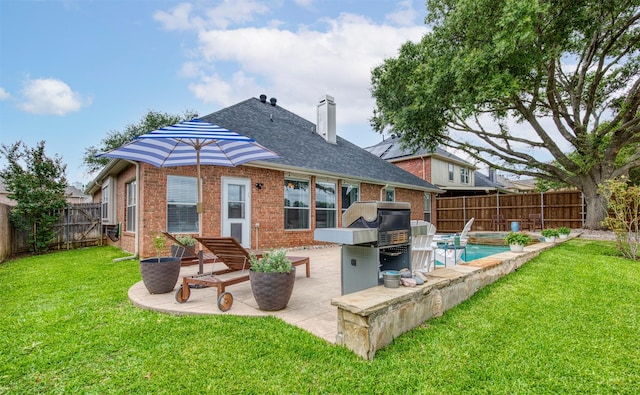 400 Patricia Ln, Highland Village, TX 75077 - rear view of property with a fenced backyard, brick siding, a patio, and a chimney