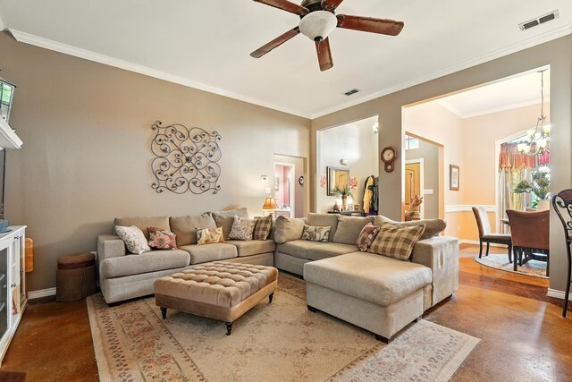 2157 Republic Ave, Abilene, TX 79601 - living area featuring a ceiling fan, finished concrete floors, a chandelier, and crown molding