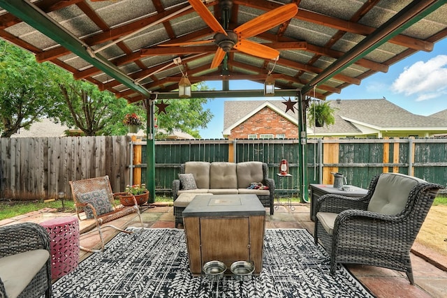 2157 Republic Ave, Abilene, TX 79601 - fenced backyard featuring a gazebo, ceiling fan, an outdoor living space, and a patio area