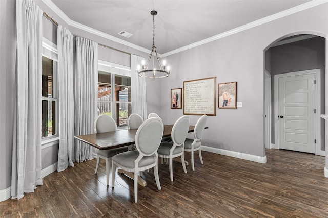 6202 Carrizo Dr, De Cordova, TX 76049 - dining room featuring arched walkways, a chandelier, dark wood finished floors, and ornamental molding