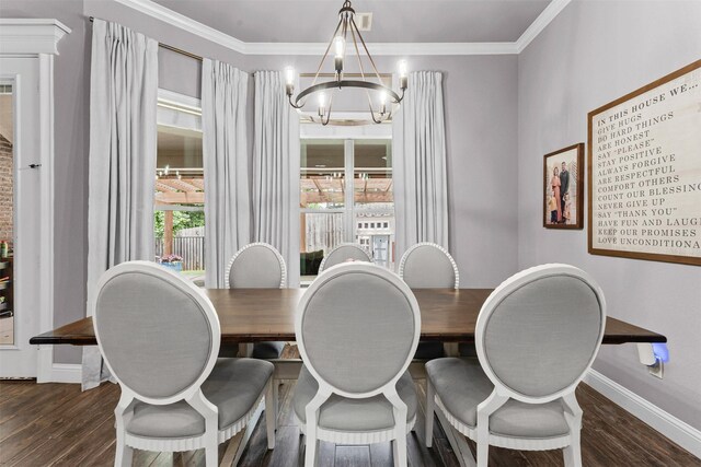 6202 Carrizo Dr, De Cordova, TX 76049 - dining room with a chandelier, dark wood-style floors, and ornamental molding