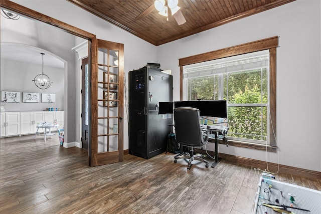 6202 Carrizo Dr, De Cordova, TX 76049 - home office with ornamental molding, ceiling fan, wood finished floors, wood ceiling, and arched walkways