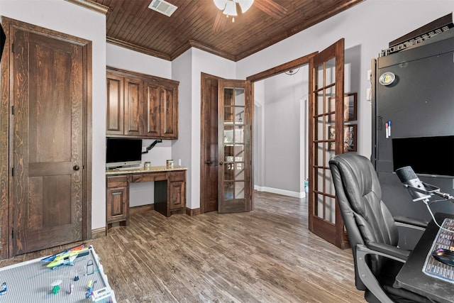 6202 Carrizo Dr, De Cordova, TX 76049 - office with french doors, ceiling fan, wood finished floors, wooden ceiling, and crown molding