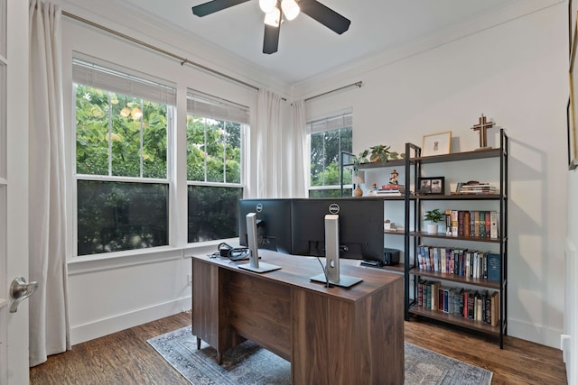 412 S Benge St, Mckinney, TX 75069 - home office featuring ceiling fan, wood finished floors, and ornamental molding