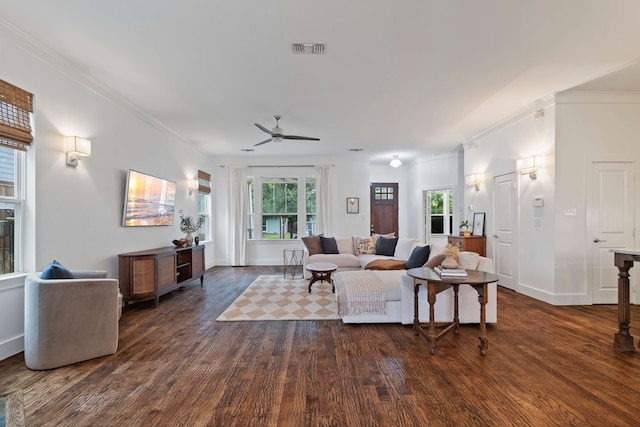 412 S Benge St, Mckinney, TX 75069 - living area with wood finished floors, ornamental molding, and ceiling fan