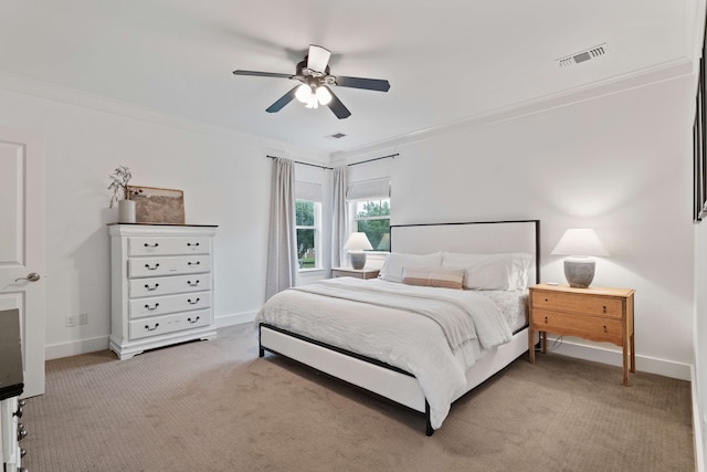 412 S Benge St, Mckinney, TX 75069 - bedroom with crown molding, light carpet, and ceiling fan