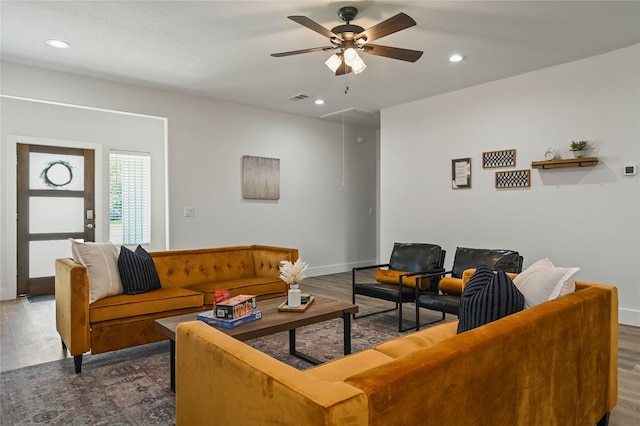 532 W Florence St, Denison, TX 75020 - living room with attic access, ceiling fan, dark wood-style flooring, and recessed lighting