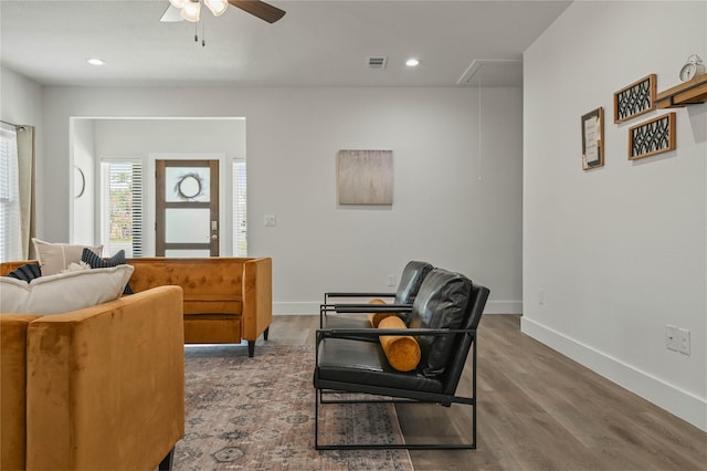 532 W Florence St, Denison, TX 75020 - living area with attic access, a ceiling fan, wood finished floors, and recessed lighting