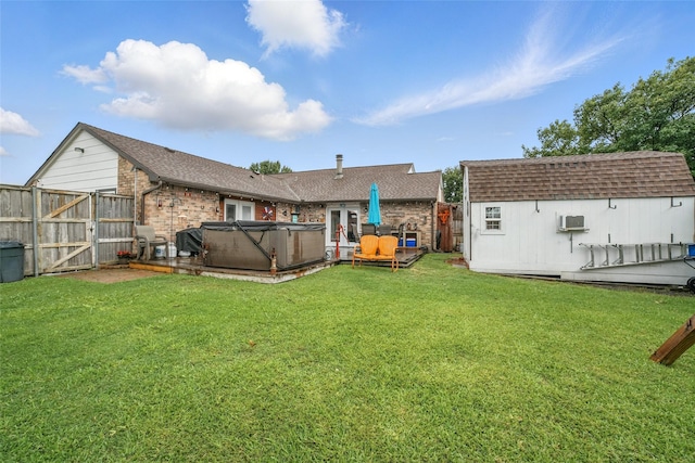 4328 Coryell Way, Mesquite, TX 75150 - fenced backyard with a hot tub, a shed, and an AC wall unit