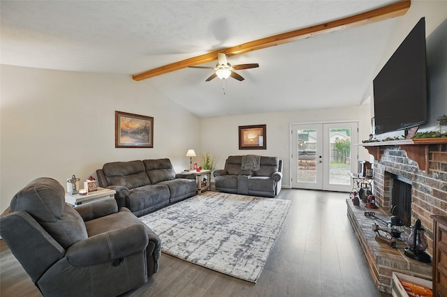 4328 Coryell Way, Mesquite, TX 75150 - living area with ceiling fan, a fireplace, wood finished floors, and french doors