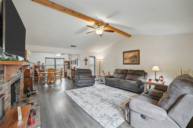 4328 Coryell Way, Mesquite, TX 75150 - living room with ceiling fan, wood finished floors, and a brick fireplace