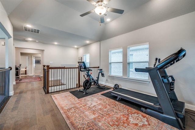 3418 River Trl, Frisco, TX 75034 - workout room featuring hardwood / wood-style flooring, a ceiling fan, recessed lighting, and lofted ceiling
