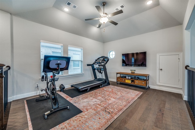 3418 River Trl, Frisco, TX 75034 - exercise area with a ceiling fan, dark wood-style floors, vaulted ceiling, and recessed lighting