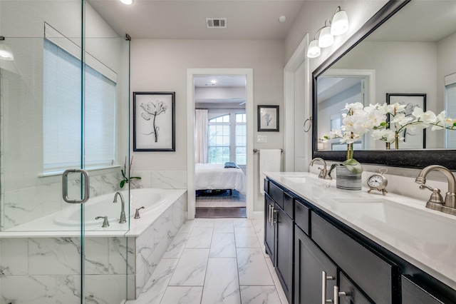 3418 River Trl, Frisco, TX 75034 - ensuite bathroom featuring marble look tiles, a garden tub, double vanity, and a marble finish shower