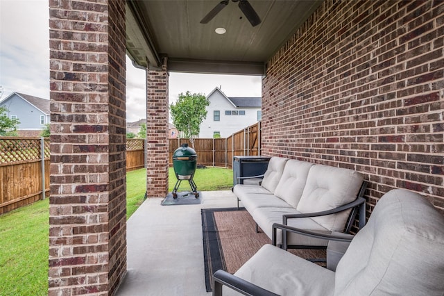 3418 River Trl, Frisco, TX 75034 - fenced backyard featuring outdoor lounge area, ceiling fan, and a patio