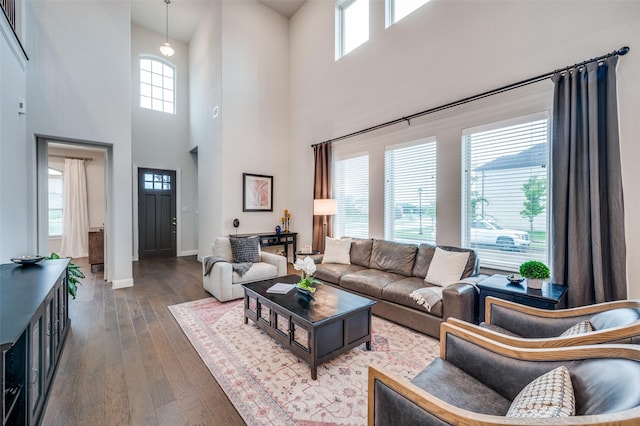 3418 River Trl, Frisco, TX 75034 - living room with plenty of natural light, hardwood / wood-style flooring, and a towering ceiling