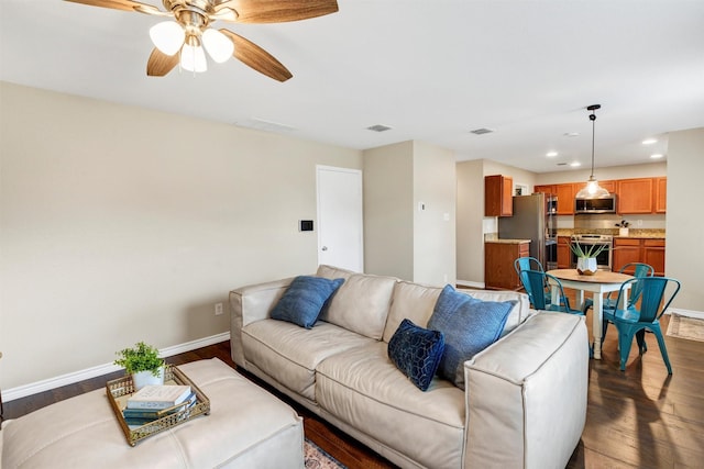 1837 Trego Dr, Fort Worth, TX 76247 - living room featuring dark wood-style flooring, recessed lighting, and a ceiling fan