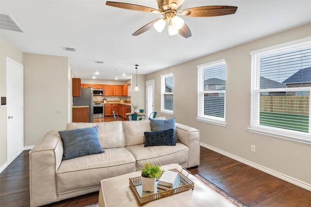 1837 Trego Dr, Fort Worth, TX 76247 - living room with dark wood-style floors, a ceiling fan, and recessed lighting