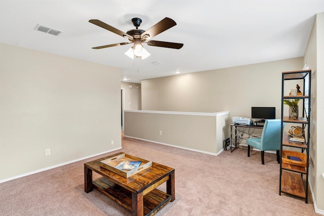 1837 Trego Dr, Fort Worth, TX 76247 - living area featuring light colored carpet, a ceiling fan, and a desk