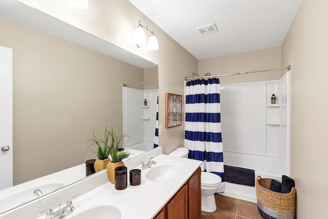 1837 Trego Dr, Fort Worth, TX 76247 - bathroom featuring shower / tub combo with curtain, double vanity, and tile patterned floors