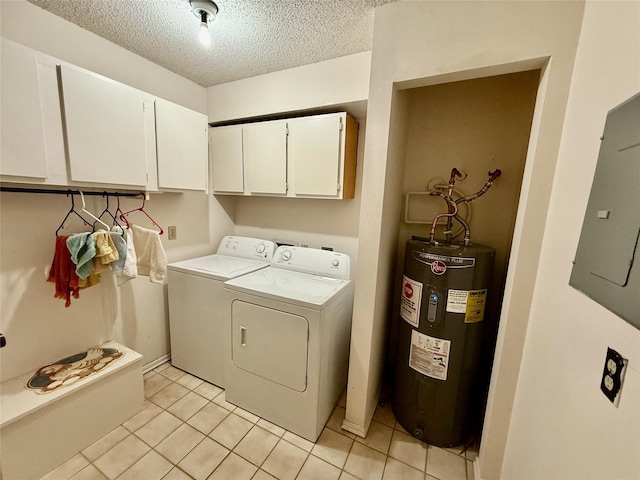 2909 Troy Rd, Wylie, TX 75098 - laundry room featuring water heater, cabinet space, washer and clothes dryer, a textured ceiling, and electric panel