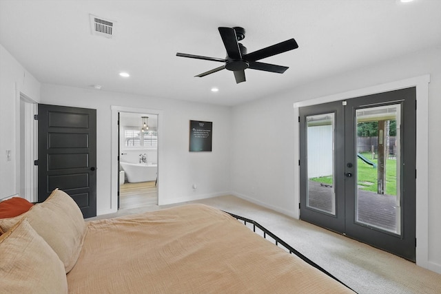 600 Reese Ln, Azle, TX 76020 - bedroom with french doors, access to exterior, recessed lighting, connected bathroom, and a ceiling fan