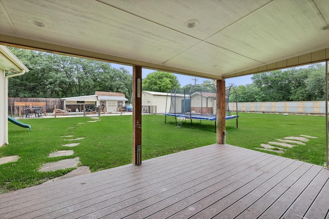 600 Reese Ln, Azle, TX 76020 - wooden deck featuring a trampoline, a fenced backyard, and a storage shed