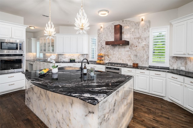 5302 Westfield Dr, Parker, TX 75002 - kitchen featuring appliances with stainless steel finishes, wall chimney exhaust hood, dark wood-type flooring, and decorative backsplash