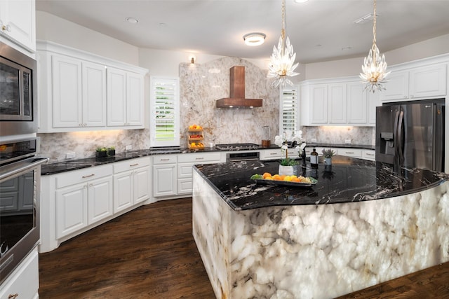 5302 Westfield Dr, Parker, TX 75002 - kitchen with wall chimney exhaust hood, stainless steel appliances, backsplash, dark wood-style flooring, and white cabinetry