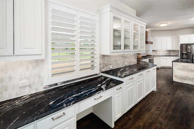 5302 Westfield Dr, Parker, TX 75002 - kitchen with stainless steel fridge, tasteful backsplash, dark wood-style floors, and white cabinets