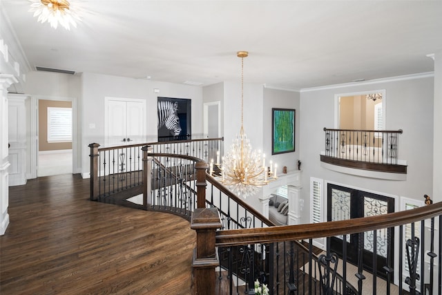 5302 Westfield Dr, Parker, TX 75002 - hall featuring an upstairs landing, a chandelier, wood finished floors, and crown molding