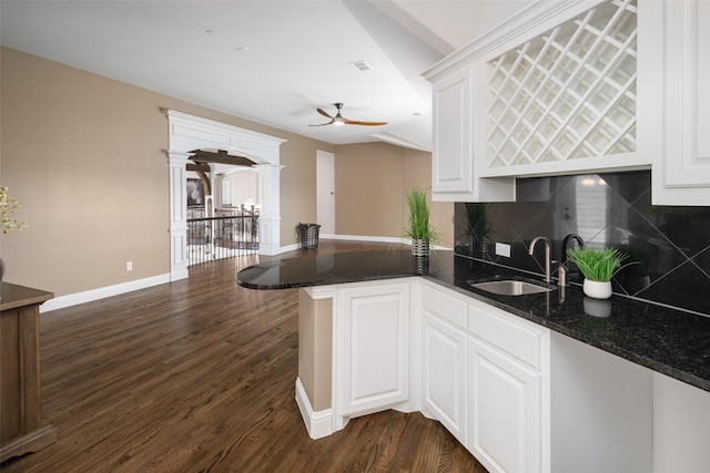 5302 Westfield Dr, Parker, TX 75002 - kitchen featuring ceiling fan, tasteful backsplash, dark wood finished floors, and dark stone counters