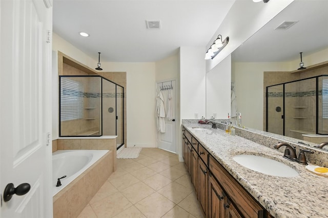1517 Presley Way, Argyle, TX 76226 - bathroom with a stall shower, double vanity, a garden tub, tile patterned flooring, and recessed lighting