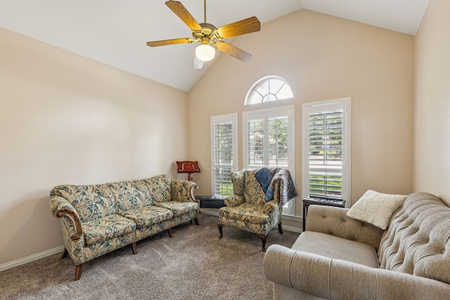 3108 Deerfield Dr, Denton, TX 76208 - carpeted living area featuring ceiling fan and high vaulted ceiling