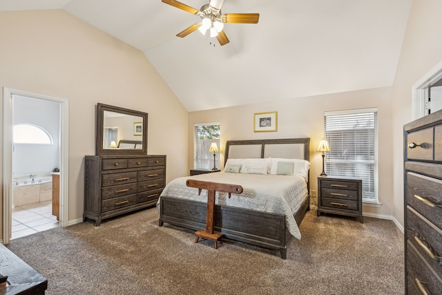 3108 Deerfield Dr, Denton, TX 76208 - bedroom with lofted ceiling, carpet flooring, ceiling fan, and connected bathroom