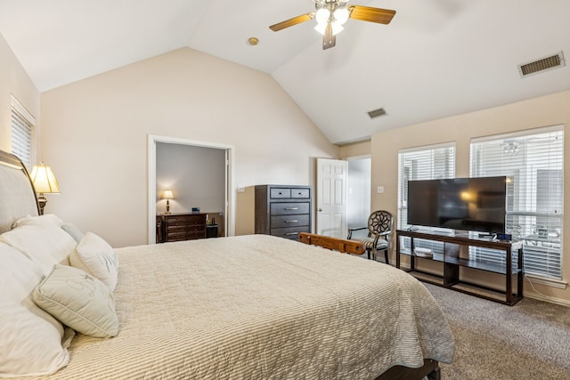 3108 Deerfield Dr, Denton, TX 76208 - carpeted bedroom featuring lofted ceiling and ceiling fan