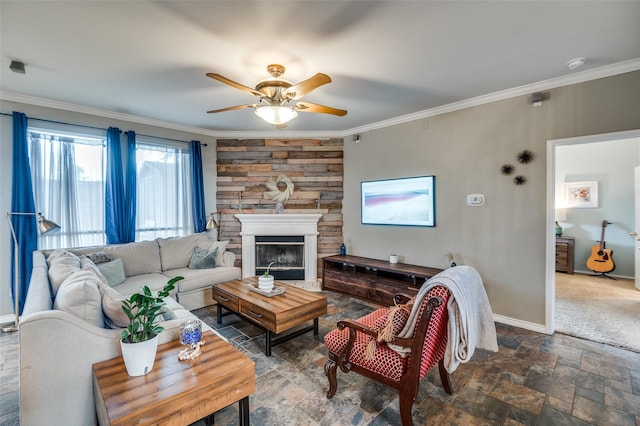 3209 Windridge Ln, Corinth, TX 76208 - living area featuring crown molding, a ceiling fan, stone finish floors, and a fireplace