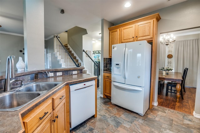 3209 Windridge Ln, Corinth, TX 76208 - kitchen with white appliances, stone finish flooring, ornamental molding, dark countertops, and backsplash