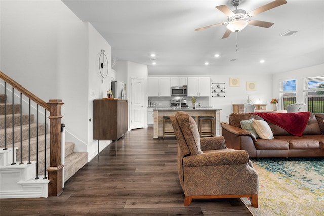 9200 S Field Ln, Arlington, TX 76002 - living room featuring stairway, dark wood-style flooring, ceiling fan, and recessed lighting