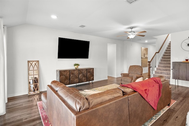 9200 S Field Ln, Arlington, TX 76002 - living area with a ceiling fan, stairway, dark wood-style flooring, recessed lighting, and vaulted ceiling