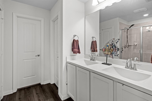 9200 S Field Ln, Arlington, TX 76002 - full bath with a stall shower, double vanity, and wood finished floors