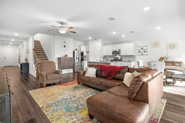 9200 S Field Ln, Arlington, TX 76002 - living room with stairs, a ceiling fan, recessed lighting, and dark wood finished floors